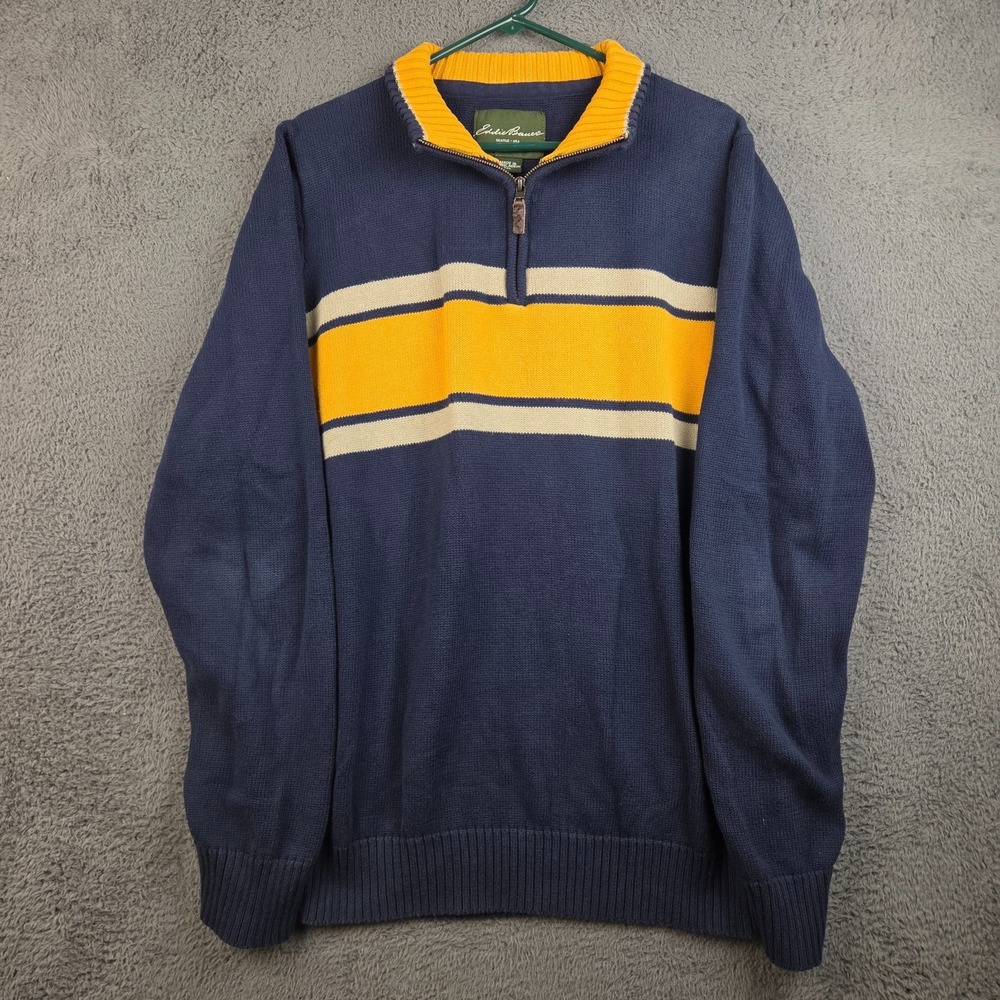 Eddie Bauer Sweater Men's Tall Extra Large Blue Yellow Mock Neck Quarter Zip
